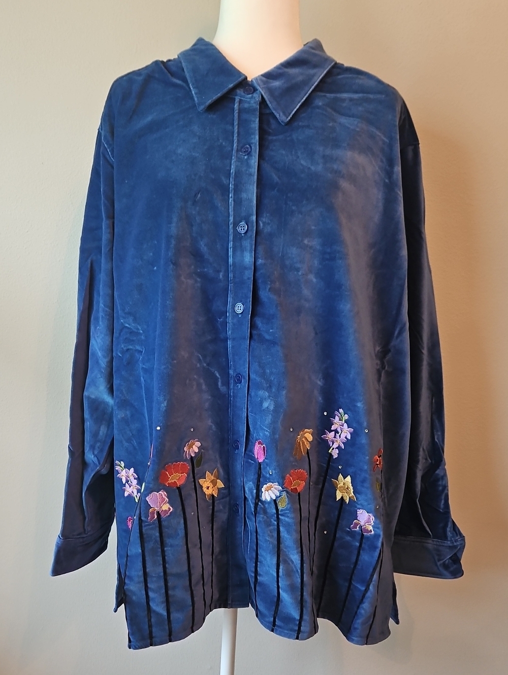Women's Navy Blue Velvet Button-Down Shirt with Floral Embroidery QVC
